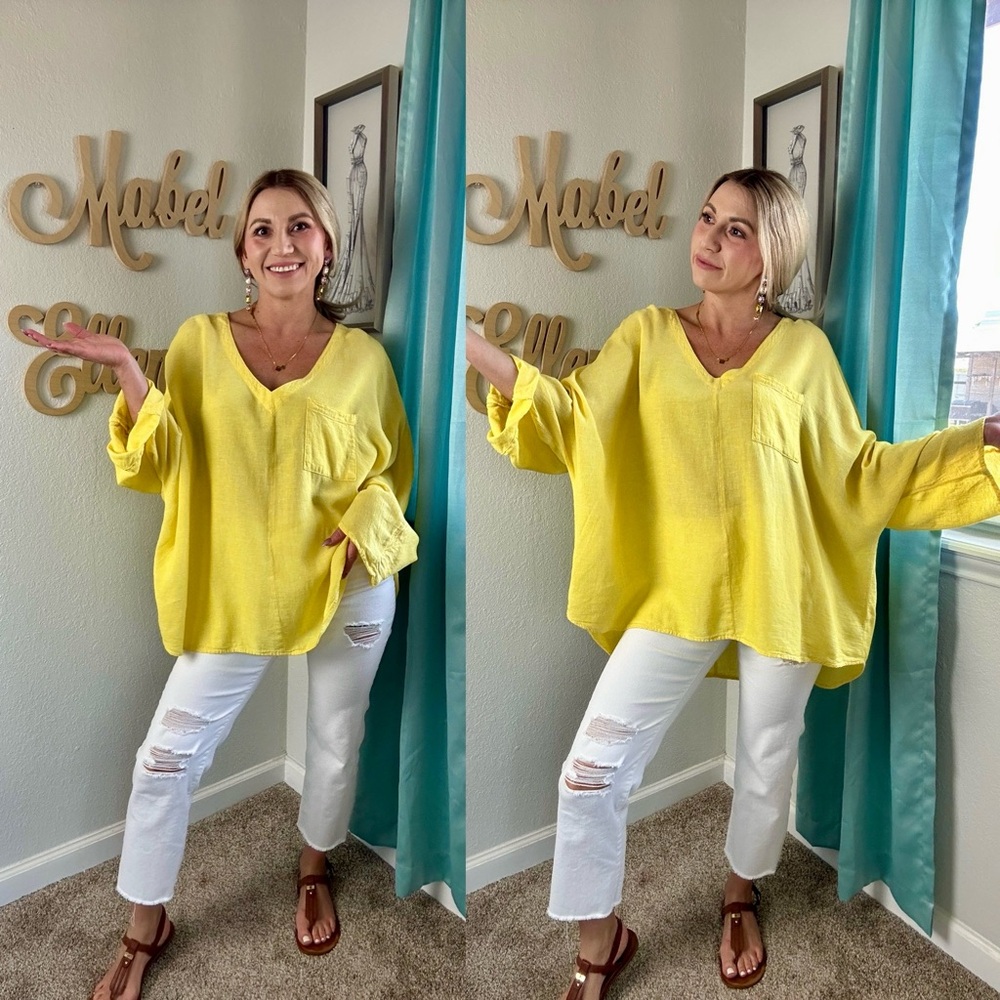 C’est 1946 yellow vacation ready flowy linen top size 22/24